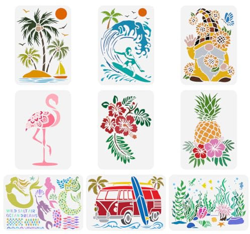 FINGERINSPIRE 9 Stück Sommer Tier Pflanzen Malschablone 21x29.7 cm Flamingo Palme Brandung Zwerg Hibiskus Ananas Meerjungfrau Zeichenvorlage Zum Malen Auf Holz Wand Stoff Möbeln