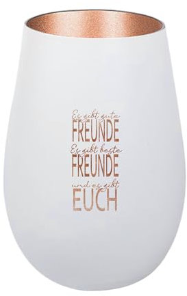 Der-Porzellan-Laden Windlicht mit Gravur Es gibt Gute Freunde, Weiß Bronze, Teelichthalter aus Glas mit Spruch, Tischdeko modern