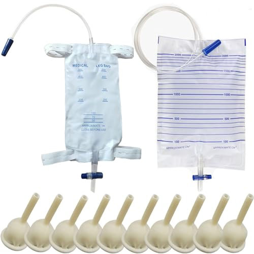 Kit de 10 catéter de preservativo externo para hombre + bolsa para orina de 2000 ml + bolsa para piernas de 500 ml (35 mm/0,98 pulgadas)