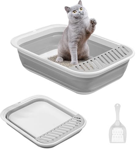 Katzentoilette Flach Groß, Faltbare Katzentoilette Mit Schaufel, Katzenklo Niedrig mit Rand Katzen, Reisetoilette Katze, Katzenklo Flach, Katzenklo Groß, Faltbare Flache Katzentoilette (Grau)