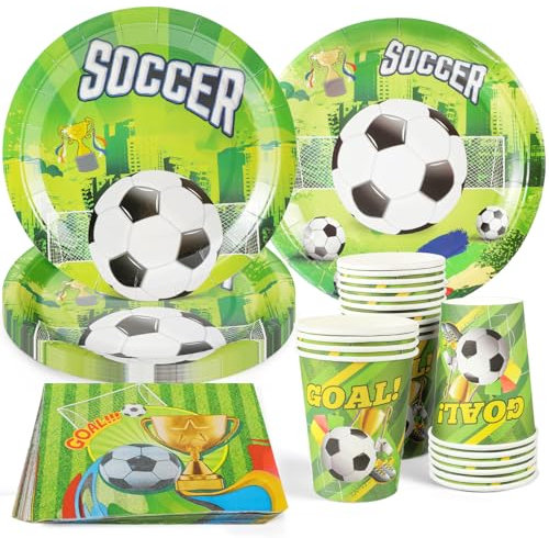 CANCJ 50 Teile Fußball Partygeschirr Set,Fussball Geburtstag Deko Pappgeschirr Pappteller, Becher, Servietten Party Dekoration für 10 Gäste Kindergeburtstag Party Dekoration Geschirrset Kinder