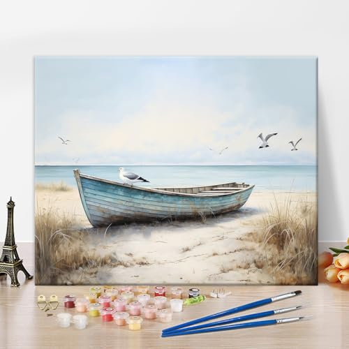 Couleur par numéros Bateau, Plage par numéro Œuvre d'art Paysage marin Peinture Peinture par numéro Kits Mouettes Couleur par Numéros sans Cadre Couleur par Numéros pour Adultes Débutants Décoration