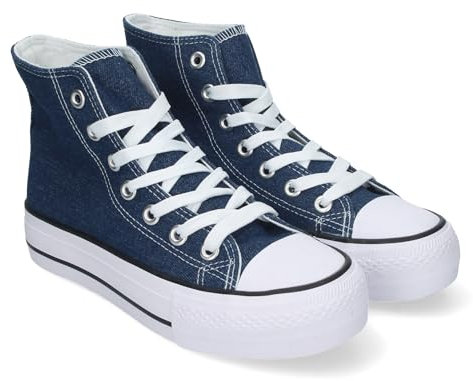 85052 Zapatilla Abotinada de Mujer, Comoda, con Material de Lona, Estilo Bamba Casual, y Cierre de Cordones Marino Talla 40