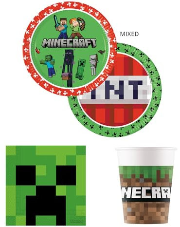 Procos - Set de fiesta Minecraft, vajilla de fiesta de 52 piezas para fiestas de cumpleaños infantiles y fiestas temáticas, decoración de mesa