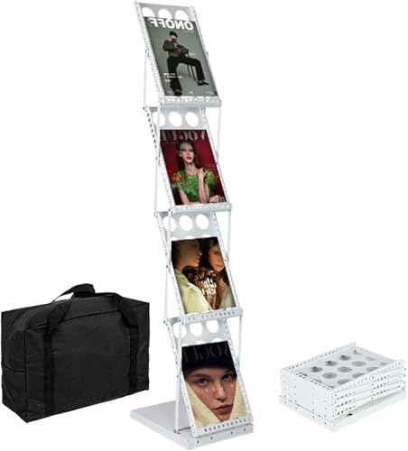 THCTYRP Soporte de Suelo para Folletos Pop Up Plegable, Metal Blanco | Portátil con 4 bolsillos para revistas, catálogos y literatura, ideal para comercio, oficina y tienda
