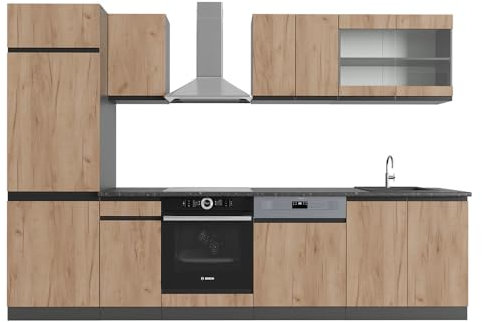 Vicco Küchenzeile R-Line, Küchenblock, Goldkraft Eiche/Anthrazit, 300 cm, AP Eiche
