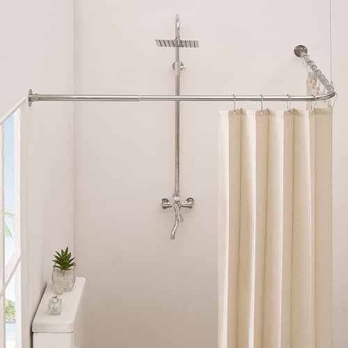 Crkmire Asta per tenda da doccia angolare, nichel spazzolato [61-134,6 cm] x [61-134,6 cm] asta doccia regolabile a forma di L, asta curva a 90 gradi, asta per tenda da bagno con 12 ganci ad anello e