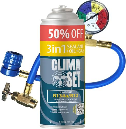 ClimaSet Remplacement du gaz refrigerant 3en1 R134a 1x235 g pour Climatisation manometre clim, Climatiseur - flexible climatisation - Recharge climatisation voiture - Gaz R134a - ECO