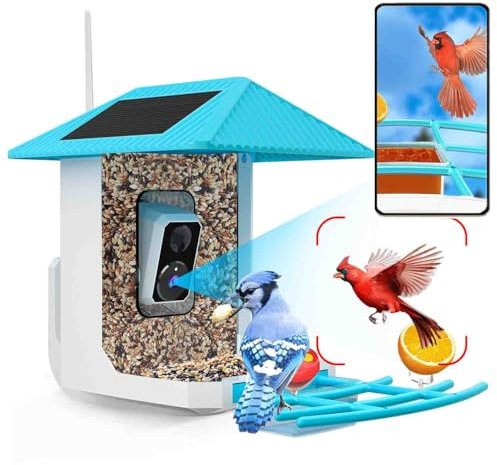 2.5K Smart Bird Feeder with Camera, 5GHz &2.4GHz Birds Watching Camera with AI Identify Bird Species, Outdoor Birds Feeder House with Solar Panel for BirdLovers (Blue)