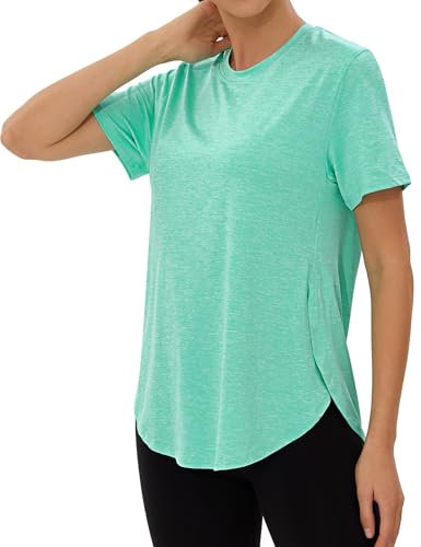 Wayleb Sportshirt Damen Kurzarm Rundhals Sommer Sport T-Shirts Sommer Leichtes Atmungsaktiv Laufshirt Fitness Gym Oberteile Frauen Longshirt Yoga Top mit Seitenschlitzen, Grün L