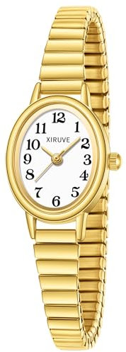 XIRUVE Klein Gut Lesbar Edelstahl Zugarmband Elastisch Armband Damen Analog Quarz Armbanduhr Wasserdicht