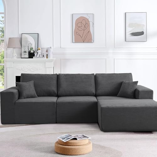 CHOSHOME Corner Sofa with Deep Seat, Modular L-Shaped Sectional Sofa, Chaise Lounge, Boneless Cloud Couch, Modern Plush Corduroy Couch for Apartment & Living Room, No Assembly Required, Dark Grey