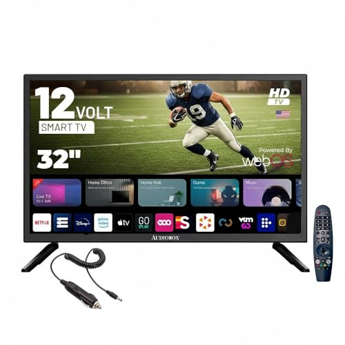 Audiobox Smart TV LED HDTV da 32 pollici per camper, campeggio, 12 Volt | telecomando magico, hub WebOS, Bluetooth, WiFi Dual Band e compatibilità 12 V AC/DC
