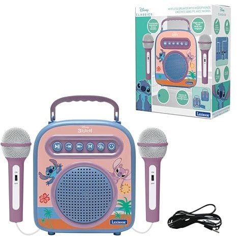 LEXIBOOK, Disney Stitch, Wireless Speaker with 2 Microphones, Pink/Blue, BTC050D