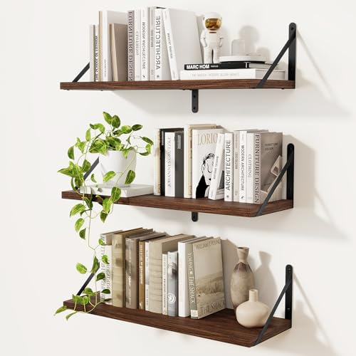 Feihorrm 3er Set Wandregal, 60cm Schweberegal, Wandregal Spanplatte Holz, Dunkel Braun, 60 cm