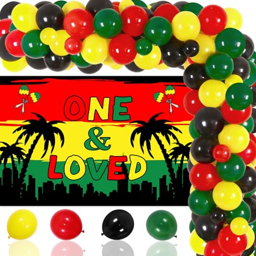 One and Loved First Birthday Decorations Reggae First Birthday Backdrop Palm Tree Reggae Background Balloon Garland Arch Kit for Jamaican Rastafari Music Themed Birth Party Supplies