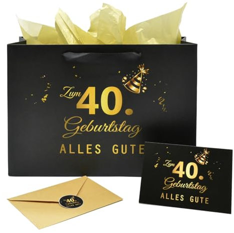 Geschenktüte 40 Geburtstag Geschenke Karte Umschlad Sticker Schwarz Geschenktasche mit Henkel Happy Birthday Tüte mit Seidenpapier für Frau Mann Junge Mädchen