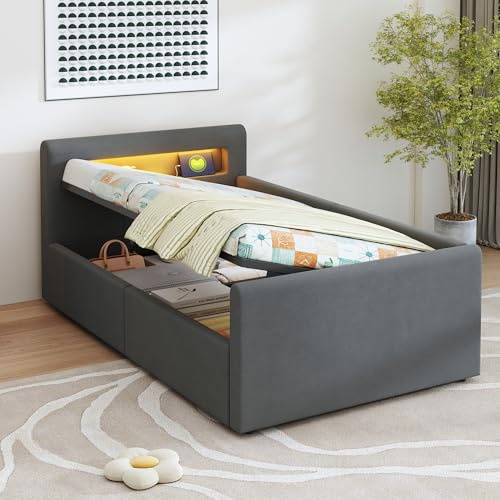 KUAKE Modern Jugendbett 90x200 cm Polsterbett, Bett mit Lattenrost & Stauraum, Polster Kopfteil mit LED Nachtlicht & USB-Ladeanschluss, Samtstoff, Kinderbett für Jungen & Mädchen (Dunkelgrau)