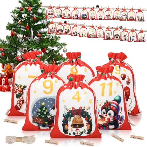 Adventskalender zum Befüllen, XL Adventskalender Säckchen Stoff 18x13cm | 2026 Adventskalender Beutel Groß Wiederverwendbar, Weihnachtskalender Selbst Befüllen mit Holzklammern & 10m Kordel