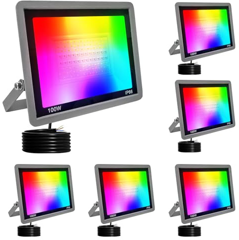 Fosingut Focos Led RGB Exterior,100W Foco Proyector LED Exterior Regulable con Control APP,Sinc Musical,Impermeable Lámpara RGBCW Foco Interior Inteligente Para Fiesta,Jardin,Navidad,Paisaje Deco-6pcs
