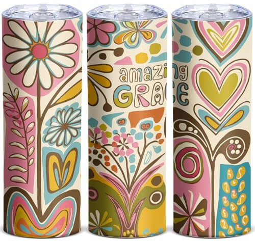Amazing Grace 20oz Skinny Tumbler, Retro Floral Art Travel Mug with Lid, Stainless Steel Insulated Cup with Colorful Hearts and Flowers, Inspirational Christian Gifts for Women