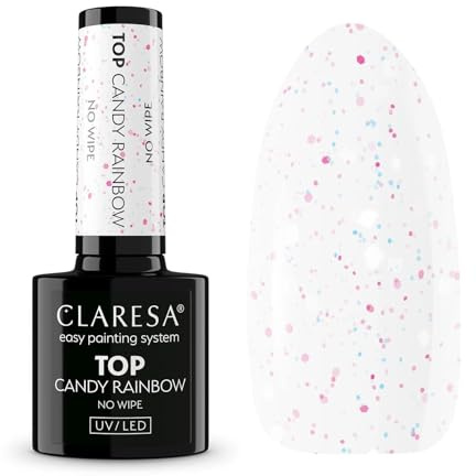 Claresa Top Candy Rainbow No Wipe 5g – Transparenter UV/LED Top Coat mit pastellfarbenem Konfetti-Effekt | Kein Abwischen nötig | Sommerlicher Nailart-Topper mit bunten Partikeln