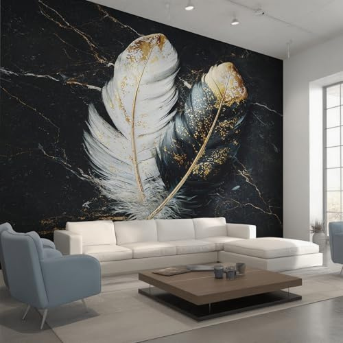 Feathers Wallpaper - Black and Gold Feather Wall Mural 375x250 cm (W x H), Non-Woven Photo Wallpaper Mural for Bedroom, Living Room, Hallway, Home Decor Y&W13