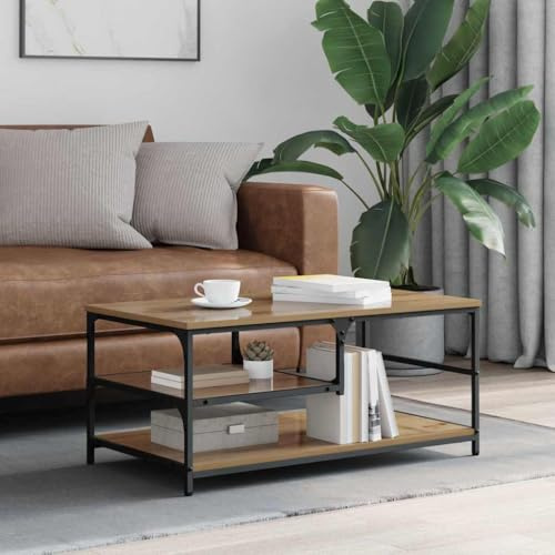 Tonture Couchtisch Artisan-Eiche 90x49x40cm, Holzwerkstoff, Schwarz Metallrahmen, 2 Regale, Modern Rustikaler Stil für Wohnzimmer, Praktischer Stauraum
