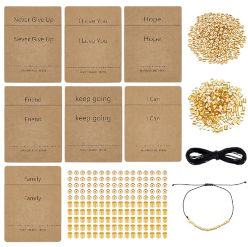 UNICRAFTALE Metall Morsecode Armband Bastelset 400 goldene Runde Zwischenperlen 400 goldene Röhrchenperlen 7 verschiedene Ausführungen 14 Morsecode Entschlüsselungskarten Und Gewachste Kordel Zum