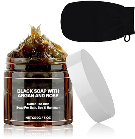 Savon Noir à L'argan et à la Rose,Savons Noirs Marocain avec Gant Exfoliant,Savon Exfoliant pour le Corps au savon Noir,Gel Douche exfoliant pour Peau Douce,Deep Cleansing and Softening Skin