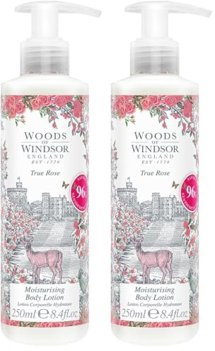 Woods of Windsor Body Lotion, blumige Feuchtigkeitscreme für Frauen, schnell einziehende Körpercreme, die die Haut weich macht und mit Feuchtigkeit versorgt, True Rose Scent 250ml (Packung mit 2)