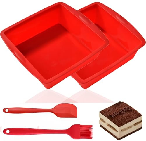 LPVVPEZ 2 Pack Silicone Square Baking Pan 7 Inch with Brush and Scraper, BPA Free Nonstick Square Cake Tin Reusable Mould for Brownies Bread Pudding Lasagna Red