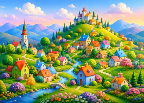 Bullglesup Puzzles for Adults 1000 Pieces, Hill Town Jigsaw with Poster Letter on Back, Unique Pieces Fit Well No Dust (27.5x19.6)