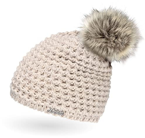 Neverless Damen Strickmütze mit Fell-Bommel und Fleece gefüttert, Kunstfell, Winter-Mütze, Bommelmütze, hell-beige Unisize