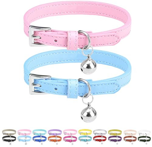 PUPTECK 2 Stück Katzenhalsband mit Glocke aus weichem Leder, verstellbar für Katzen, Kitten & Welpen. Ideal als Kittenhalsband oder Welpenhalsband, Pink&Blau