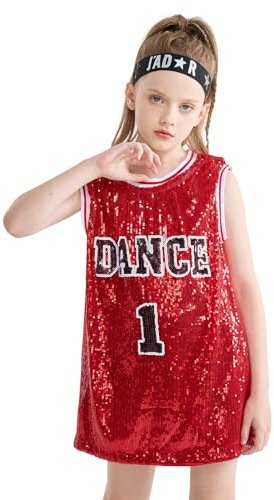 LOLANTA Vestito da Canotta Senza Maniche con Scollo a Barchetta Scintillante Hip Hop Dancewear, Rosso, 8-9 Anni, 140