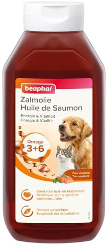 Beaphar – Huile de Saumon pour Chien et Chat – Complément Alimentaire – Omega 3 et 6 – Bénéfique sur Le système Cardio-vasculaire, Le Pelage et Les articulations – Apport énergétique – 940 ML