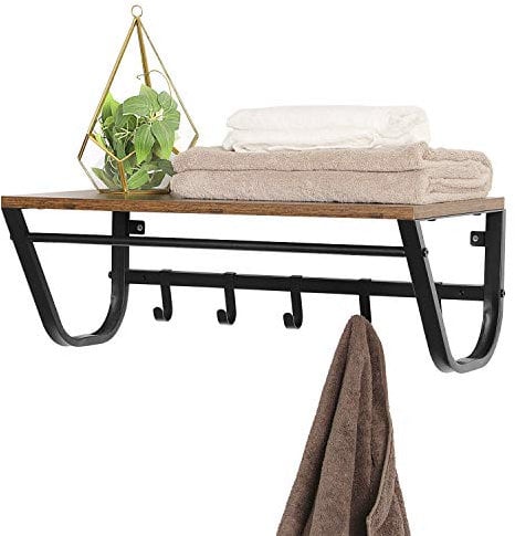 ACAZA Porte-Manteau Mural avec étagère de Rangement, Tringle et 5 Crochets, Métal Noir, Bois, Style Industriel Vintage - Petite Etagere Murale pour Entrée, Vestiaire, Salle de Bain - Brun Noir
