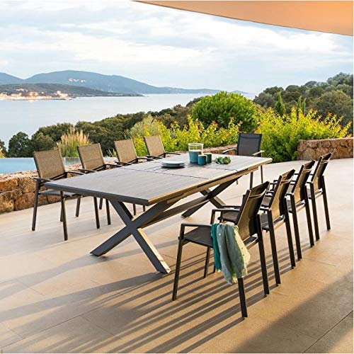 Hespéride - Table de Jardin Extensible Axiome Gris Foncé - 10 Places - Aluminium Traité Epoxy Antirouille - Meuble d'Extérieur à Rallonge Automatique