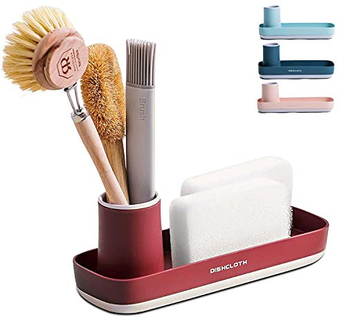 M.S.N Accesorio de cocina, organizador de lavabo, organizador de fregadero, para esponjas, dispensador de jabón y accesorios de vajilla, color rojo