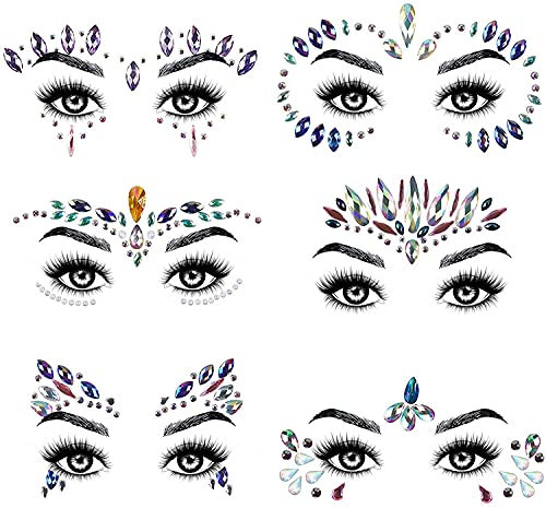 URAQT Viso Gemme, 6 PCs Strass Viso Gemme Adesivi,Strass Gemme Festival Glitter, Viso Corpo Gioielli