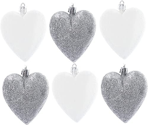 UKDeals Direct® 6 Heart Baubles - Great Christmas Tree Decorations, Glitter Heart Baubles (Silver & White Glitter)