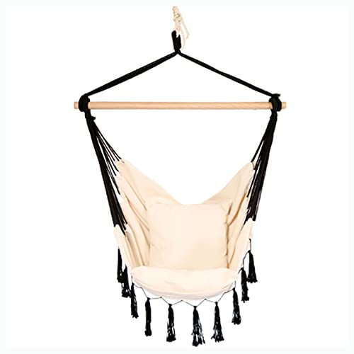 SRHWBF Hammock Chair Hanging Rope Swing Max 330 Lbs 2 Cushions Included Large Macrame Hanging Chair for Superior Comfortt (Beige)