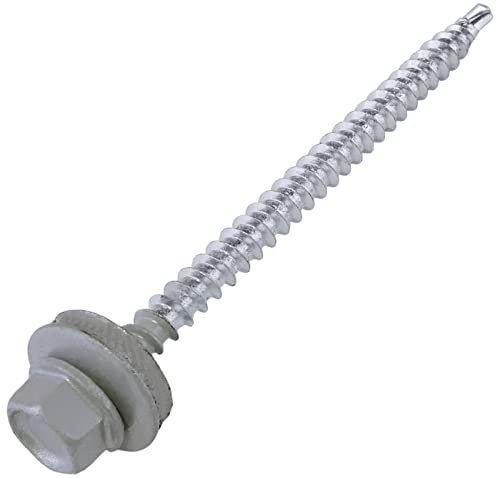AERZETIX - C57223 - Juego de 50 Tornillo autoperforante de metal a madera Ø4.8x70mm + arandela de sellado EPDM - pintado en color aluminio blanco RAL 9006 - huella de cabeza 8mm hexagonal - en acero