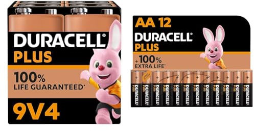 Duracell Plus 9V Alkaline Batteries [Pack of 4], 6LR61 MN1604 & Plus AA Alkaline Batteries [Pack of 12], 1,5V LR6 MN1500
