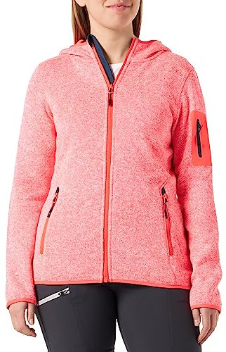 CMP - Damen-Knit-Tech-Jacke mit fester Kapuze, Rotes Fluo-Weiß, D46