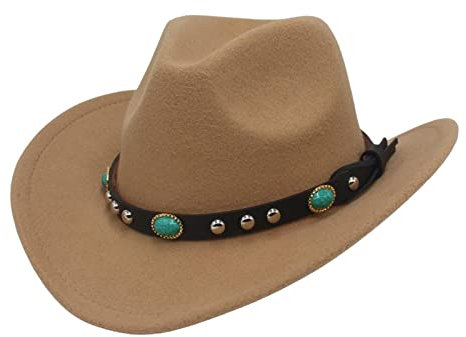 LOVIVER Damen und Herren Filz Western Cowboy Hut Breite Krempe Sonnenhut Jazz Zylinder mit Gürtelschnalle Panama Cowgirl Hut für Wandern Camping Urlaub Herbst, Brown
