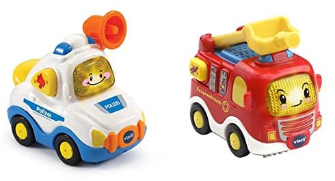 Vtech TUT TUT Baby Flitzer - Polizei – Für 1-5 Jahren & TUT TUT Baby Flitzer - Feuerwehrauto – Spielzeugauto mit Musik, aufleuchtender Taste, spannenden Sätzen und Geräuschen – Für 1-5 Jahren