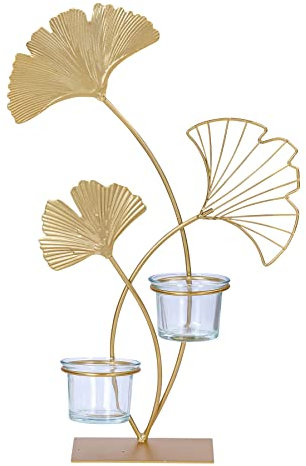 Teelichthalter H34cm Ginkgo Gold Metall Kerzenhalter Kerzenständer Tischdeko Deko Wohndeko