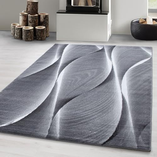 Carpetsale24 Teppich Wohnzimmer 280x370 cm Grau XXL Modern Holz Optik Wellen Design Kurzflor für große Flächen Schlafzimmer Esszimmer Waschbar Pflegeleicht Extra Weich